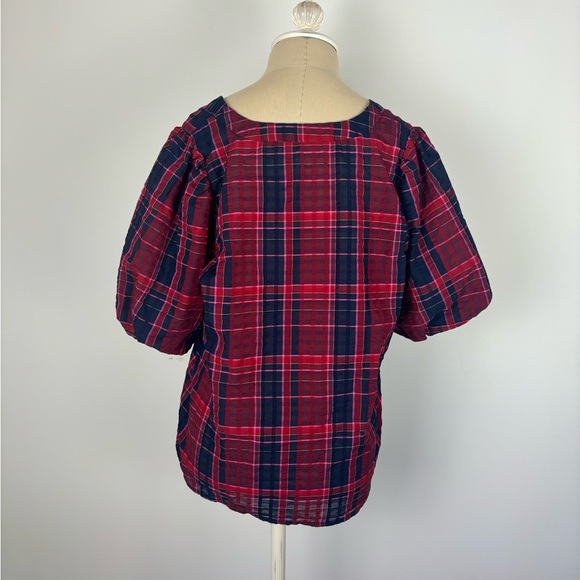 Loft Balloon Short Sleeve Top Plaid Multicolor V Neck M - Picture 2 of 4